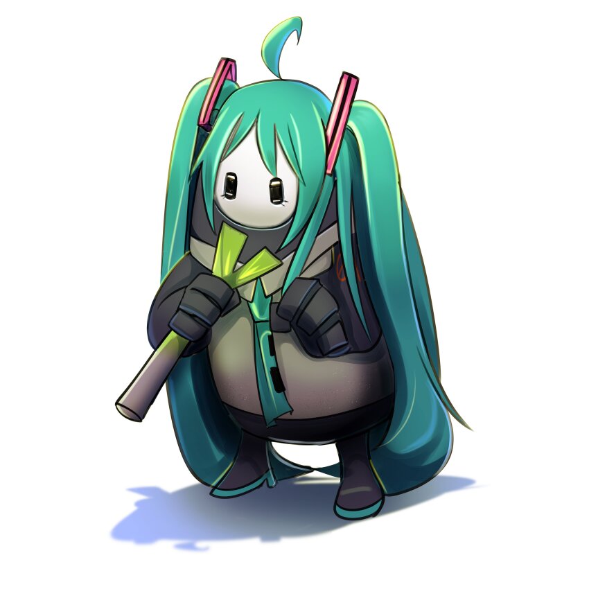 1girl absurdres ahoge black_boots blue_hair blue_necktie boots collared_shirt commentary fall_guy fall_guys full_body fusion grey_shirt hair_ornament hatsune_miku highres lerimar long_hair looking_at_viewer necktie shirt simple_background solo spring_onion twintails very_long_hair vocaloid white_background
