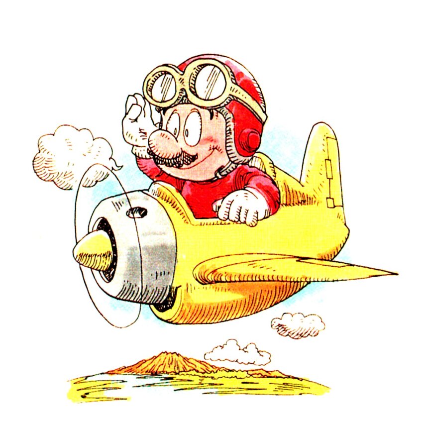 1boy aircraft airplane benimaru_itoh brown_hair cloud facial_hair flying gloves goggles goggles_on_head grin helmet highres island mario mario_(series) mustache nintendo official_art pilot_helmet pilot_suit sky sky_pop smile super_mario_land_2