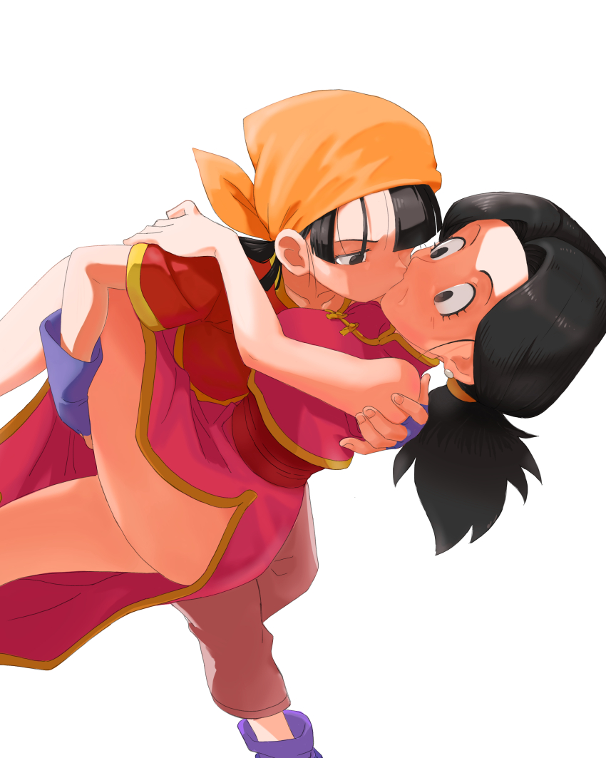 2girls absurdres bandana black_eyes black_hair breasts chi-chi_(dragon_ball) china_dress chinese_clothes commission dip_(dance_move) dragon_ball dragon_ball_gt dress earrings fingerless_gloves gloves grandmother_and_granddaughter hand_on_another&#039;s_back hand_on_another&#039;s_shoulder hand_on_another&#039;s_thigh height_difference highres incest jewelry kiss long_hair medium_breasts multiple_girls orange_bandana pan_(dragon_ball) pixiv_commission ponytail red_shirt saiyan shirt short_hair surprise_kiss surprised thighs u4_99384295 wide-eyed yuri