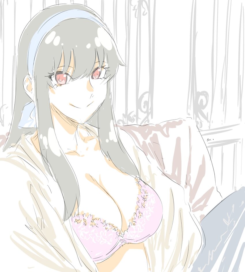 1girl black_hair blush bra breasts cleavage hairband highres large_breasts lingerie long_hair looking_at_viewer mitsugu navel open_clothes open_shirt pink_bra red_eyes shirt sidelocks sketch smile solo spy_x_family unbuttoned unbuttoned_shirt underwear white_hairband yor_briar