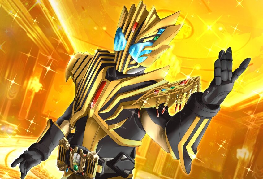 1boy armor asymmetrical_armor black_armor black_bodysuit black_gloves blue_eyes blue_gemstone bodysuit diamond_(shape) rider_belt gem gloves glowing glowing_eyes gold_trim green_gemstone highres indoors jewelry kamen_rider kamen_rider_gotchard_(series) kamen_rider_gotchard_vs_kamen_rider_legend kamen_rider_legend legendriver miyabi_(037) open_hands red_gemstone rider_belt sparkle tokusatsu upper_body