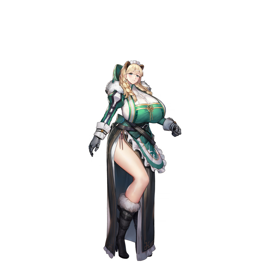 1girl animal_ears apron armored_gloves bear_ears bear_girl bear_tail belt black_belt black_boots blonde_hair blue_eyes boots braid breasts closed_mouth dirndl earrings extra_ears frigga_(last_origin) frilled_apron frills full_body fur-trimmed_boots fur_trim gauntlets german_clothes gigantic_breasts gloves gold_trim hair_between_eyes half-skirt high_heel_boots high_heels highres huge_breasts jam_(nandade) jewelry lace last_origin layered_skirt long_skirt looking_at_viewer maid_headdress mole mole_under_mouth official_art panties panty_peek pigeon-toed side-tie_panties side_slit simple_background skindentation skirt smile solo standing string_panties tachi-e tail thighs third-party_source transparent_background twin_braids underwear white_gloves