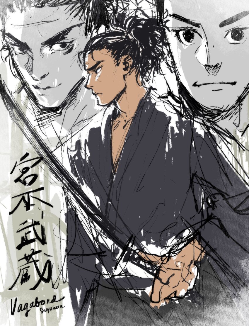 1boy artist_name black_eyes black_hair black_kimono black_robe closed_mouth copyright_name cowboy_shot facing_to_the_side highres holding holding_sword holding_weapon japanese_clothes katana kimono looking_to_the_side male_focus medium_hair miyamoto_musashi_(vagabond) multiple_views robe serious signature suyohara sword vagabond weapon white_background yukata