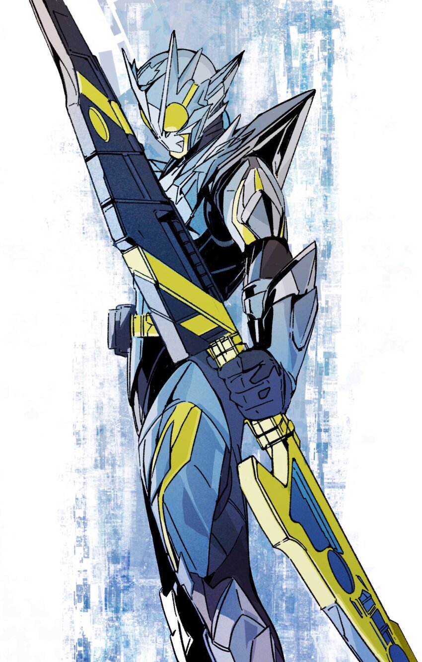 1boy antennae armor attache_calibur belt bug rider_belt finishing_move full_body gloves glowing glowing_eyes grasshopper helmet highres insect kamen_rider kamen_rider_01_(series) kamen_rider_zero-one looking_at_viewer male_focus metalcluster_hopper power_armor progrise_hopper_blade rider_belt solo thighs tokusatsu twin_blades weapon y_a_m_a_y_a
