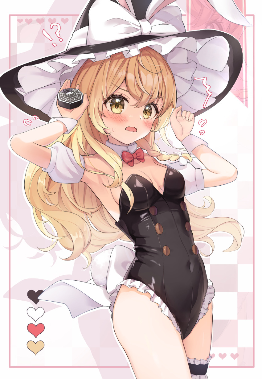1girl absurdres alternate_costume animal_ear_hairband animal_ears black_leotard blonde_hair bow bowtie braid breasts cleavage commentary_request detached_collar detached_sleeves fake_animal_ears frilled_leotard frills hairband highres kirisame_marisa leotard long_hair medium_breasts mini-hakkero playboy_bunny rabbit_ears rabbit_tail red_bow red_bowtie side_braid simple_background solo strapless strapless_leotard tail thigh_strap touhou wheat_retzel white_background wrist_cuffs yellow_eyes