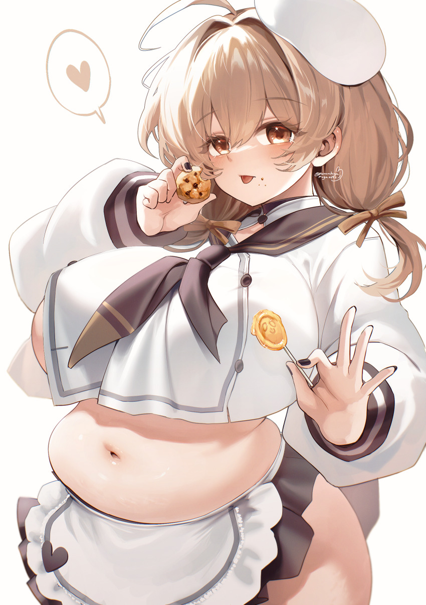 1girl absurdres ahoge apron belly black_nails black_skirt bready_(nikke) breasts brown_eyes brown_hair brown_neckerchief brown_ribbon candy chocolate_chip_cookie cookie cowboy_shot cropped_shirt crumbs food food_on_face goddess_of_victory:_nikke hair_ribbon hands_up heart highres holding holding_candy holding_cookie holding_food holding_lollipop huge_breasts large_breasts lollipop long_hair long_sleeves looking_at_viewer low_twintails miniskirt momoko_nico nail_polish navel neckerchief ok_sign patissier plaid_clothes plaid_skirt plump popped_button ribbon shirt sideboob sidelocks signature simple_background skirt solo speech_bubble spoken_heart stomach stretch_marks tongue tongue_out twintails waist_apron white_background white_hair white_shirt