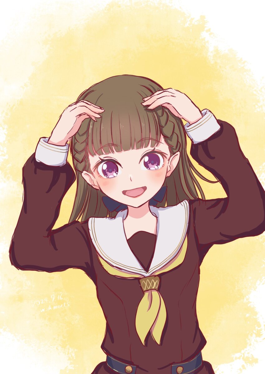 1girl :d alt_text arms_up blush braid brown_dress brown_hair center-flap_bangs commentary_request dress hasu_no_sora_school_uniform highres kachimachi_kosuzu link!_like!_love_live! long_hair long_sleeves looking_at_viewer love_live! neckerchief open_mouth pink_eyes sailor_collar sailor_dress school_uniform seiha_(hnumkt) side_ahoge side_braids smile solo straight_hair upper_body virtual_youtuber white_sailor_collar winter_uniform yellow_background yellow_neckerchief