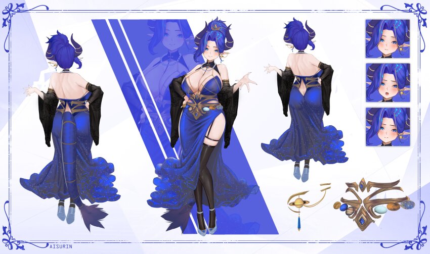 1girl absurdres aisurin1st artist_name bare_shoulders black_sleeves black_thighhighs blue_dress blue_eyes breasts cleavage closed_mouth clothing_cutout detached_sleeves dragon_girl dragon_horns dragon_tail dress earrings grey_shoes highres horns indie_virtual_youtuber jewelry large_breasts lunessa_(vtuber) median_furrow multiple_expressions multiple_views necklace pearl_necklace planet_earrings pointy_ears reference_sheet shoes side_slit smile tail tail_through_clothes thighhighs tiara virtual_youtuber wide_sleeves