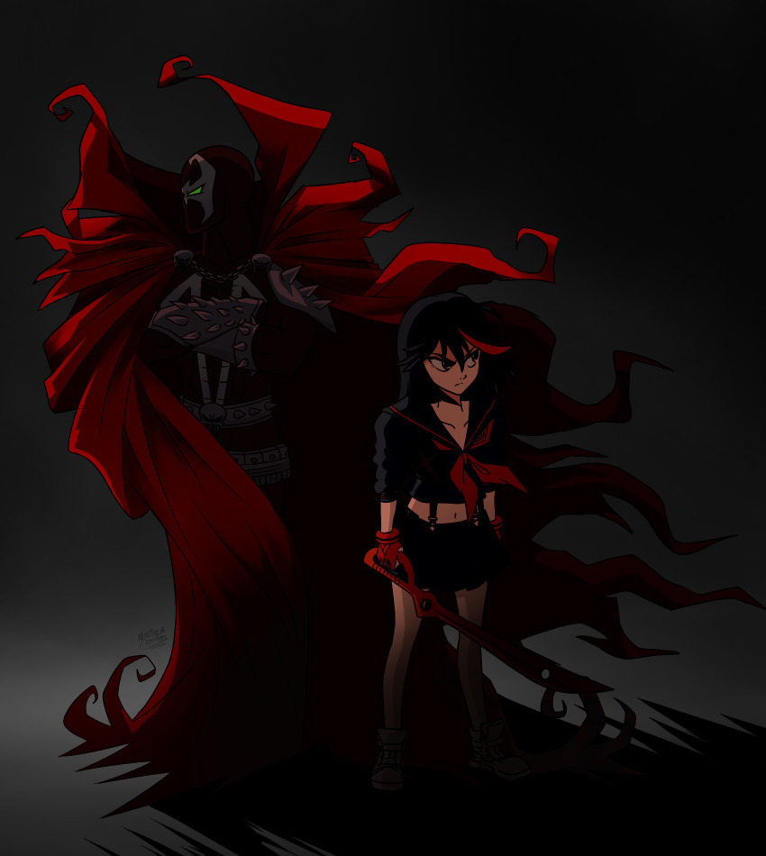 artist_name black_hair cape chain commentary commission crossover dark demon english_commentary gloves glowing glowing_eyes green_eyes grey_background highres holding holding_weapon kamui_(kill_la_kill) kill_la_kill lich life_fiber living_clothes mask mast3r-rainb0w matoi_ryuuko midriff multicolored_hair red_cape red_gloves scissor_blade_(kill_la_kill) senketsu skull spawn_(comic) spawn_(spawn) spikes standing streaked_hair superhero_costume suspenders weapon western_comics_(style)