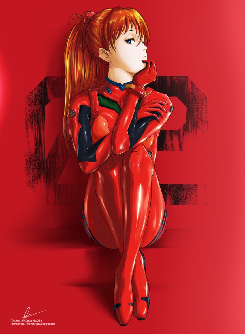 1girl blue_eyes bodysuit hair_ornament hand_on_own_arm hand_on_own_chin highres legs long_hair looking_at_viewer marvin_(omarvin) mecha_pilot_suit neon_genesis_evangelion orange_hair plugsuit_(evangelion) profile red_background red_bodysuit signature sitting solo souryuu_asuka_langley thighs