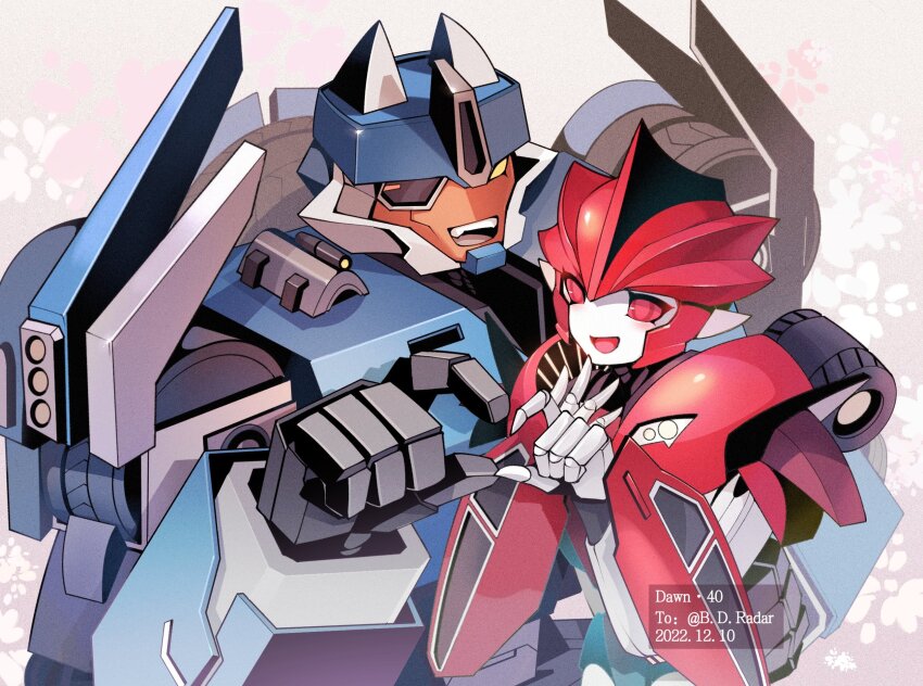 four-finger_heart_hands animal_ears artist_name azuredawn40 breakdown_(transformers) dated decepticon heart heart_hands heart_hands_duo highres knockout_(transformers) looking_at_viewer mecha mechanical_ears one_eye_covered open_mouth red_eyes robot smile transformers transformers_prime yellow_eyes