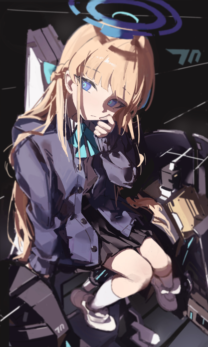 1girl absurdres black_skirt blonde_hair blue_archive blue_bow blue_cardigan blue_eyes bow cardigan closed_mouth highres long_hair looking_to_the_side loong_(loong_blo) official_alternate_costume official_alternate_hairstyle shirt shoes sidelocks sitting skirt sleeves_past_wrists socks solo toki_(blue_archive) toki_(school_uniform)_(blue_archive) white_shirt white_shoes white_socks