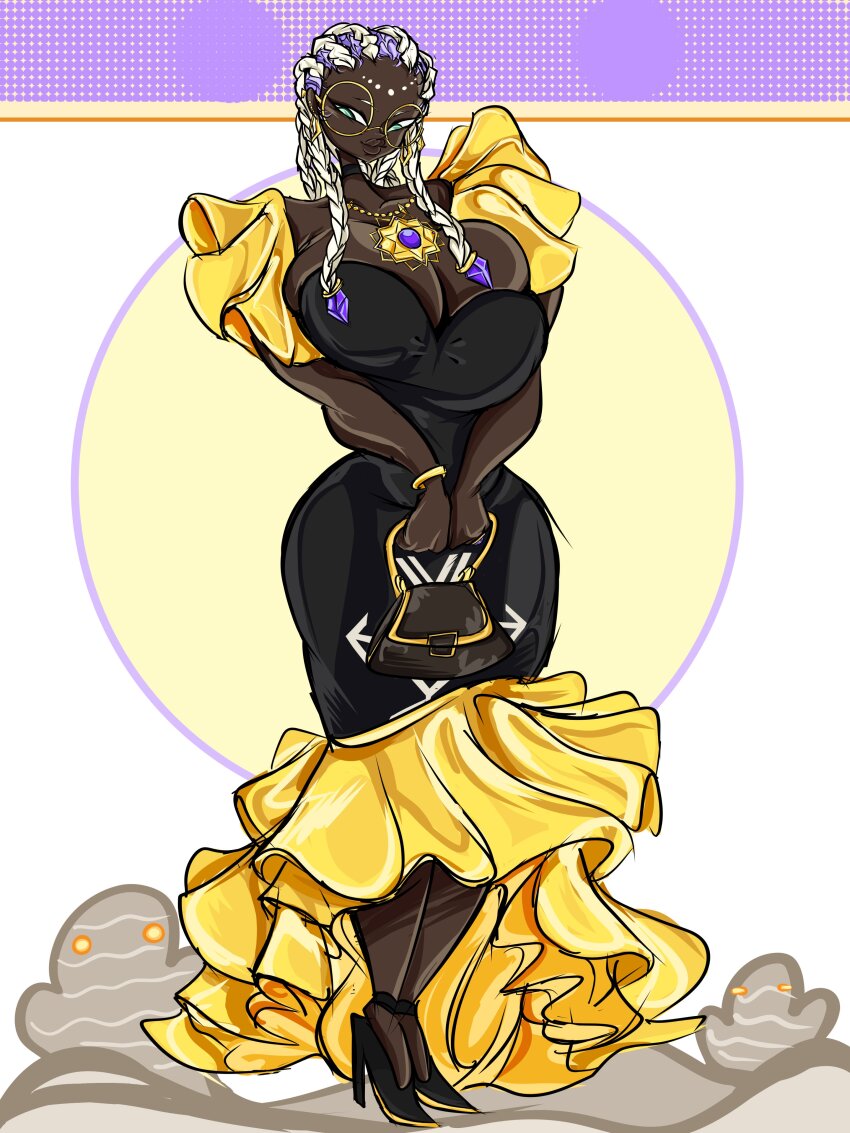 1girl absurdres bodypaint braid breasts curvy dark-skinned_female dark_skin dolores_(kof) dress female_focus glasses gold green_eyes highres huge_breasts large_breasts long_hair multicolored_hair purple_hair round_eyewear skirt standing the_king_of_fighters thedrown1 thick_lips thick_thighs thighs two-tone_hair white_hair wide_hips