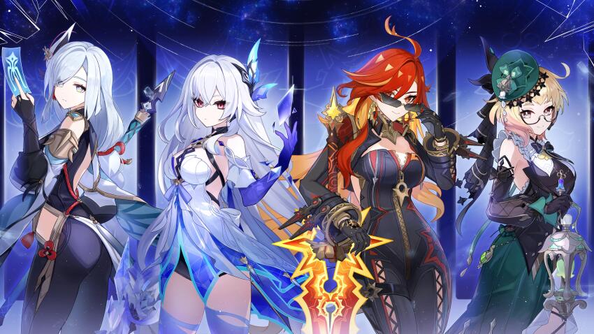 4girls absurdres bare_shoulders biker_clothes bikesuit black_bodysuit black_bridal_gauntlets black_gloves blonde_hair bodysuit breasts bridal_gauntlets closed_mouth detached_sleeves dress earrings emilie_(genshin_impact) expressionless genshin_impact glasses gloves green_dress grey_hair hair_between_eyes highres jewelry long_hair long_sleeves looking_at_viewer mavuika_(genshin_impact) merry-san multicolored_hair multiple_girls pink_hair red_eyes red_hair second-party_source shenhe_(genshin_impact) short_hair short_sleeves skirk_(genshin_impact) standing sun_earrings sword weapon white_dress zipper_pull_tab