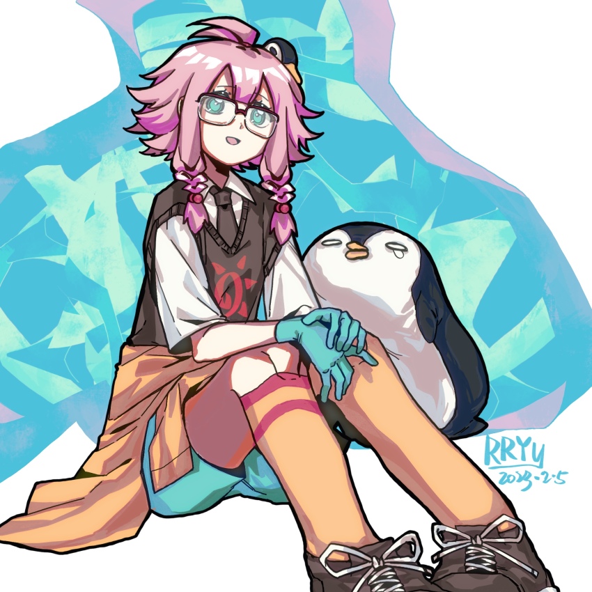 1girl arknights artist_name asymmetrical_legwear bird black_necktie black_vest blue_eyes blue_gloves blue_shorts braid brown_shoes clothes_around_waist dated glasses gloves hat highres jacket jacket_around_waist looking_at_viewer may_(arknights) mismatched_legwear necktie orange_socks orange_thighhighs penguin penguin_hat pink_hair red-framed_eyewear rryy semi-rimless_eyewear shirt shoes short_hair_with_long_locks shorts sitting sneakers socks solo thighhighs twin_braids vest white_shirt