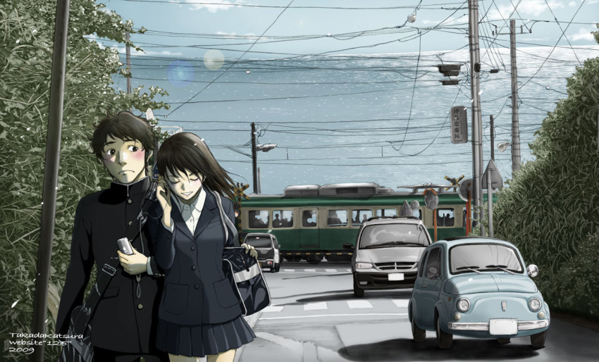 1boy 1girl artist_name black_hair blazer blush car cellphone chrysler chrysler_voyager couple digital_media_player fiat fiat_500 gakuran hetero ipod jacket long_hair motor_vehicle multiple_unit_train ocean original outdoors phone pleated_skirt real_world_location school_uniform skirt takada_katsura train van winter