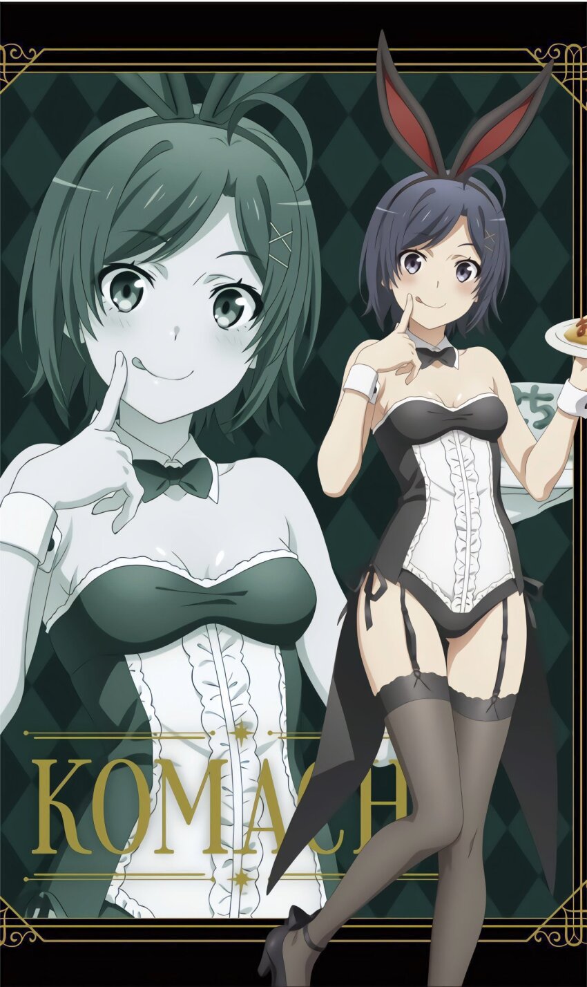 1girl ahoge animal_costume bare_shoulders black_bow black_bowtie black_eyes black_garter_belt black_garter_straps black_hair blush bow bowtie breasts cleavage collarbone cuffs english_text female_focus finger_on_cheek flat_chest food garter_belt garter_straps heel-less_heels highres hikigaya_komachi holding holding_plate legs leotard loli looking_at_viewer official_art omelet omurice plate playboy_bunny rabbit_costume rabbit_ears scan short_hair sleeve_cuffs small_breasts smile solo solo_focus thighs tongue tongue_out white_cuffs yahari_ore_no_seishun_lovecome_wa_machigatteiru.