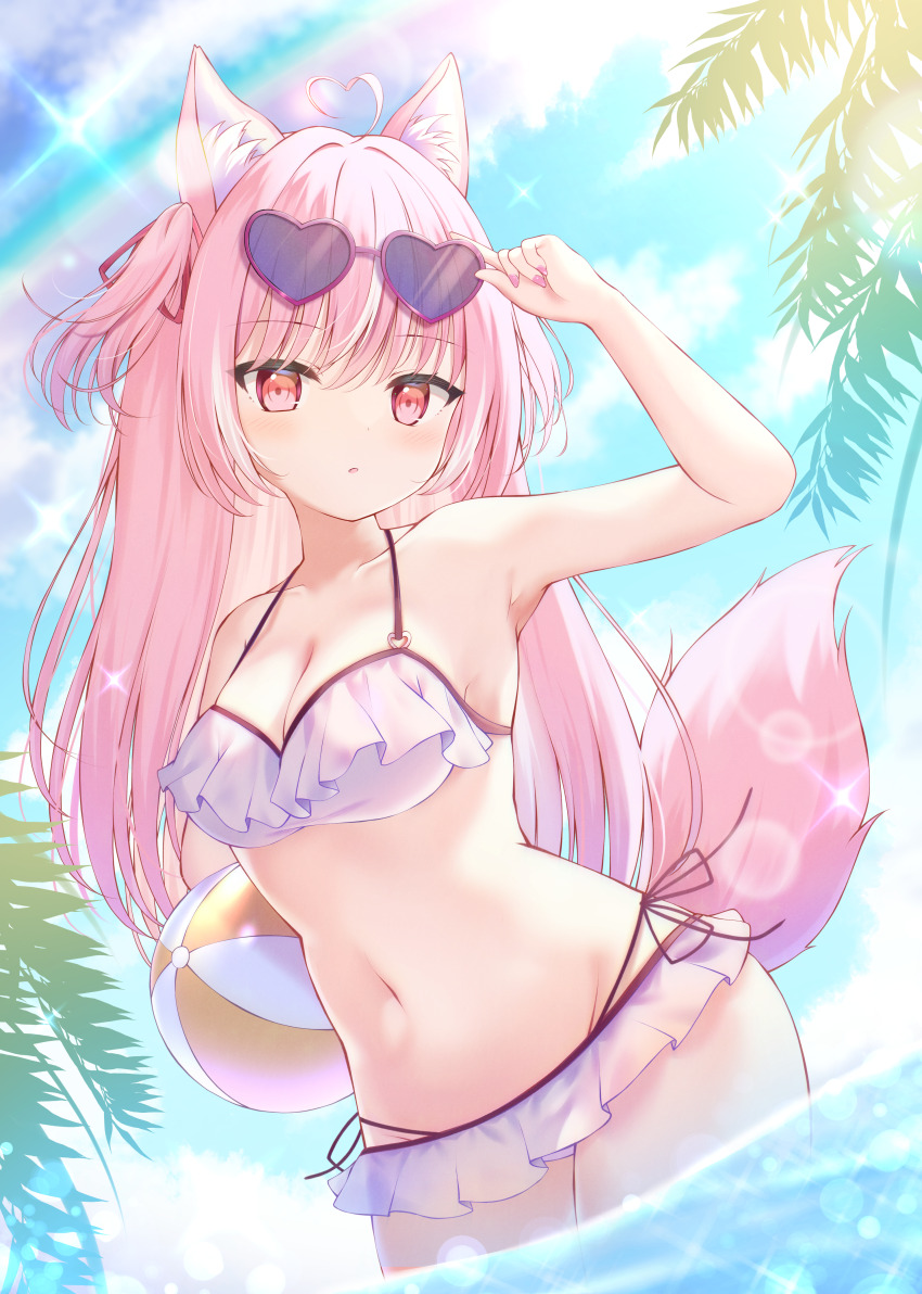 1girl absurdres animal_ear_fluff animal_ears ball beachball bikini blue_sky breasts cleavage commentary_request day eyewear_on_head fang fox_ears fox_girl fox_tail frilled_bikini frills heart heart-shaped_eyewear highres holding holding_ball holding_beachball liuliu long_hair medium_breasts nail_polish navel original outdoors parted_lips pink_hair pink_nails red_eyes sky solo swimsuit tail two_side_up water white_bikini