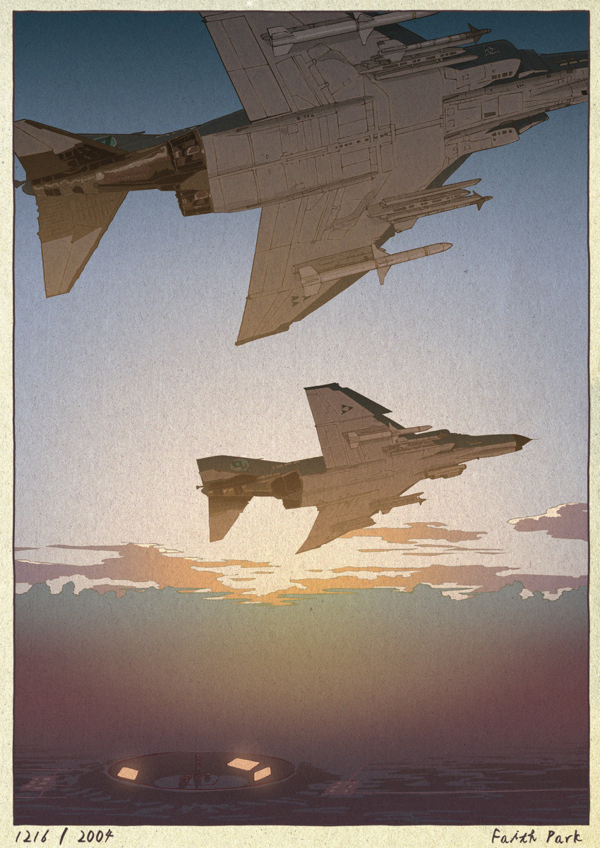 ace_combat ace_combat_04 aim-9_sidewinder aircraft airplane border commentary_request english_text f-4_phantom_ii fighter_jet fine_art_parody flying highres military military_vehicle mobius_1 nihonga no_humans outdoors parody sky ukiyo-e yuukou