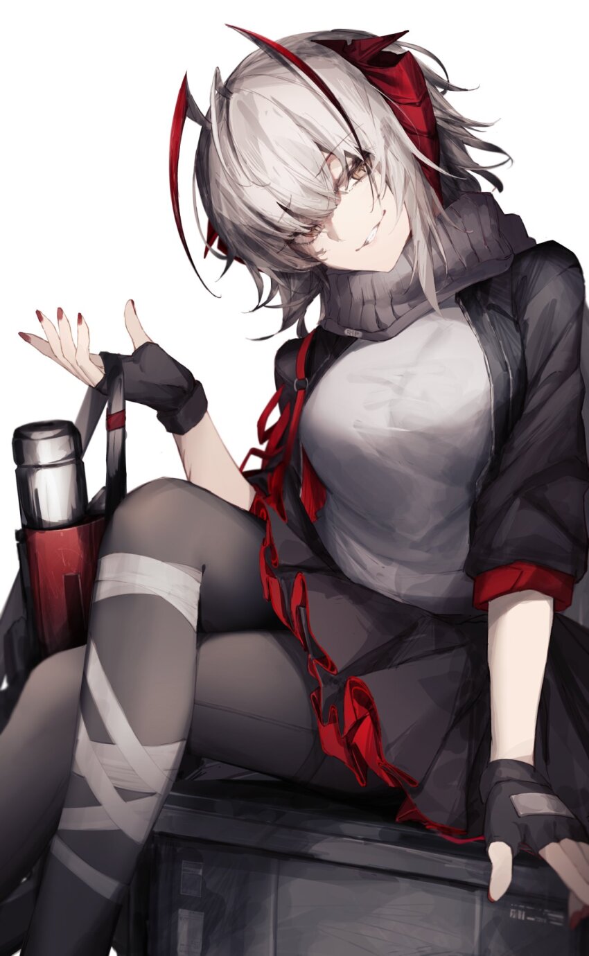 1girl ankoro_mochi antenna_hair arknights black_gloves black_jacket black_pantyhose black_skirt box breasts commentary crossed_legs demon_girl demon_horns english_commentary feet_out_of_frame fingerless_gloves gloves grenade_launcher grey_scarf hair_between_eyes hand_up highres holding holding_weapon horns jacket looking_at_viewer medium_breasts multicolored_hair nail_polish on_box open_clothes open_jacket pantyhose red_horns red_nails revision scar scar_on_arm scarf shirt short_hair simple_background sitting sitting_on_box skirt smirk solo tail w_(arknights) weapon white_background white_hair white_shirt