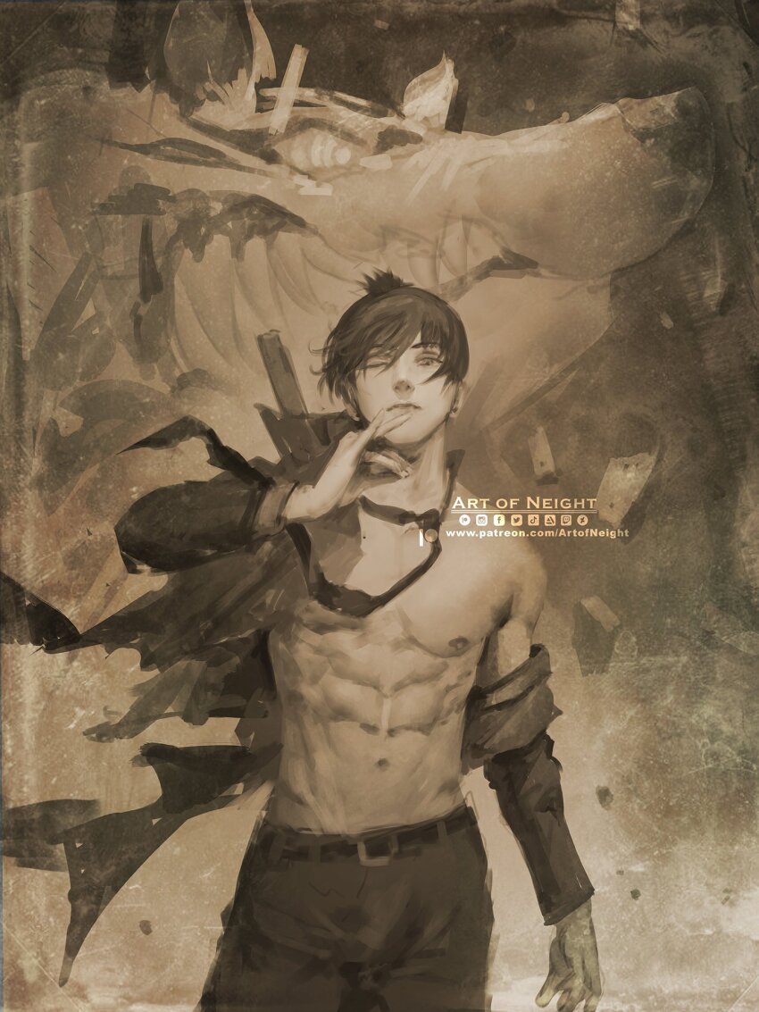 1boy abs art_of_neight black_necktie chainsaw_man floating_neckwear fox_devil_(chainsaw_man) fox_shadow_puppet hayakawa_aki highres looking_at_viewer monochrome muscular necktie one_eye_closed open_clothes sepia short_hair simple_background topknot torn_clothes twitter_logo