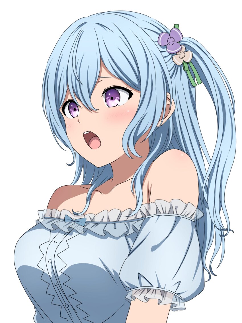 1girl bang_dream! blue_hair blue_shirt blush breasts commentary frilled_shirt frills hair_between_eyes highres long_hair matsubara_kanon medium_breasts noshimurin off-shoulder_shirt off_shoulder one_side_up open_mouth purple_eyes shirt sidelocks simple_background solo teeth upper_teeth_only white_background