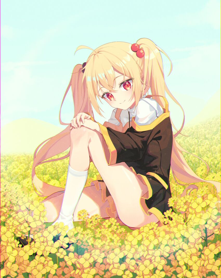 1girl absurdres ahoge black_dress blonde_hair closed_mouth commission day dress flower from_side full_body hair_bobbles hair_ornament hand_on_own_knee highres knee_up kneehighs long_hair long_sleeves looking_at_viewer original outdoors red_eyes second-party_source sitting smile socks solo twintails white_socks wide_sleeves yellow_flower zonunoll