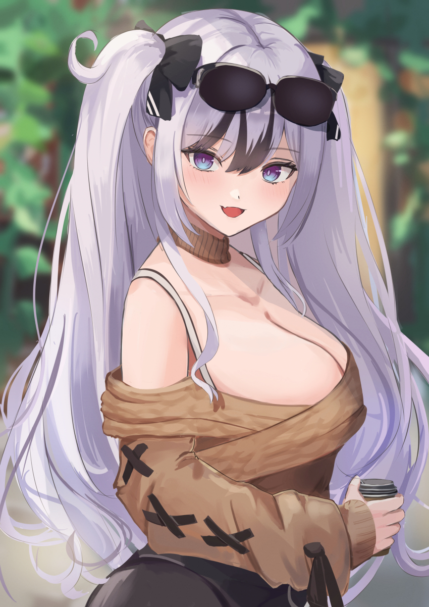 1girl :d absurdres azur_lane bare_shoulders black_bow black_hair black_skirt blue_eyes blurry blurry_background bow bra_strap breasts brown_choker brown_sweater choker cleavage commentary elbe_(azur_lane) elbe_(pure-hearted_bad_girl)_(azur_lane) eyewear_on_head grey_hair hair_between_eyes hair_bow highres large_breasts long_hair long_sleeves looking_at_viewer off-shoulder_sweater off_shoulder official_alternate_costume open_mouth remapack77 skirt smile solo sunglasses sweater two_side_up upper_body very_long_hair