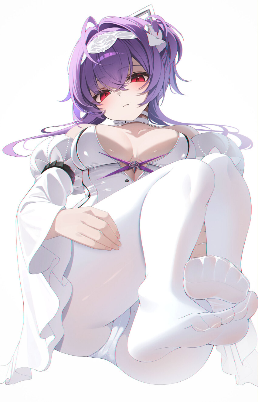 1girl absurdres bare_shoulders blush breasts choker detached_sleeves dongyu dress goddess_of_victory:_nikke hairband highres large_breasts liberalio_(nikke) looking_at_viewer no_shoes panties panties_under_pantyhose pantyhose purple_hair red_eyes simple_background soles solo thighs underwear white_background white_choker white_dress white_hairband white_panties white_pantyhose wide_sleeves