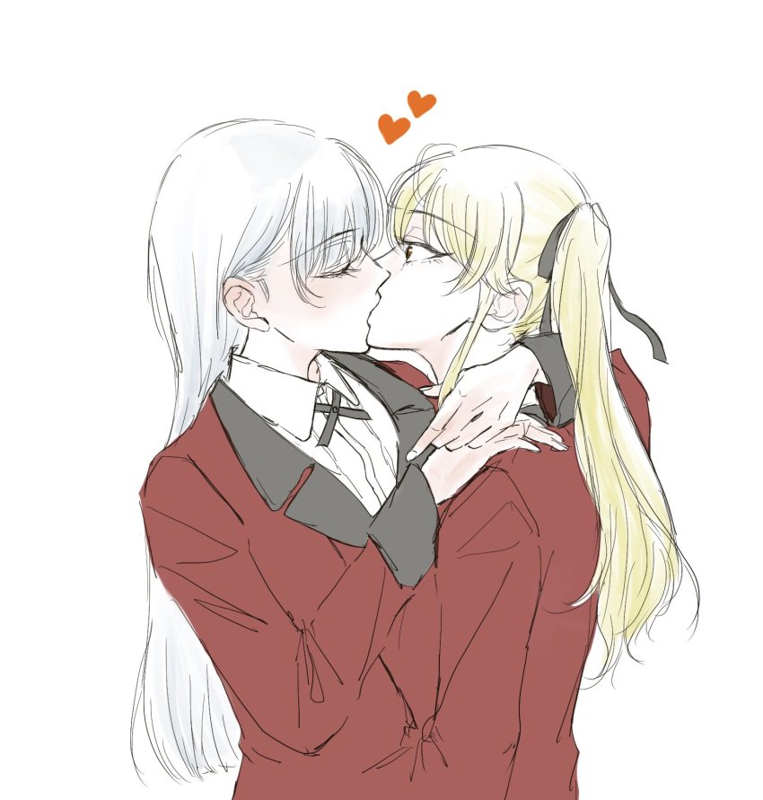 2girls anmitsu_sd arm_around_neck blonde_hair blush closed_eyes commentary_request hand_on_another&#039;s_shoulder heart highres hyakkaou_academy_school_uniform kakegurui kiss long_hair momobami_ririka multiple_girls saotome_mary school_uniform simple_background white_background white_hair yuri