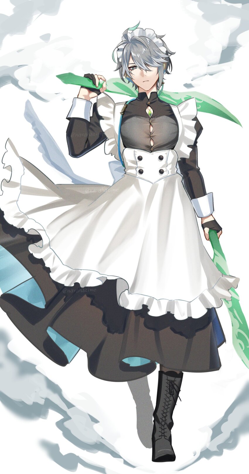 1boy absurdres alhaitham_(genshin_impact) alternate_costume antenna_hair apron artist_name back_bow black_boots black_dress black_gloves boots bow button_gap buttons cable chest_jewel closed_mouth commentary_request crossdressing crossdressing_(mtf) dress dual_wielding enmaided expressionless frilled_apron frills full_body gem genshin_impact gloves green_eyes green_gemstone green_hair grey_hair hair_over_one_eye half_gloves hand_up headphones highres holding holding_sword holding_weapon juliet_sleeves lace-up_boots long_sleeves looking_at_viewer maid maid_apron maid_headdress male_focus multicolored_hair narahazime one_eye_covered parted_bangs partially_fingerless_gloves puffy_sleeves short_hair simple_background sleeve_cuffs smoke solo swept_bangs sword twitter_username weapon white_apron white_background white_bow