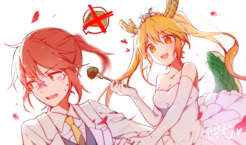 2girls absurdres bare_shoulders blonde_hair breasts bridal_veil bride cleavage collarbone collared_shirt commentary_request dragon_girl dragon_horns dragon_tail dress elbow_gloves formal_clothes glasses gloves heart highres horns kobayashi-san_chi_no_maidragon kobayashi_(maidragon) large_breasts large_tail long_hair low_twintails multiple_girls necktie open_mouth orange_eyes oyo_hitsuji ponytail red_hair shirt slit_pupils suit tail tohru_(maidragon) twintails veil wedding_dress white_dress white_gloves yellow_neckwear yuri