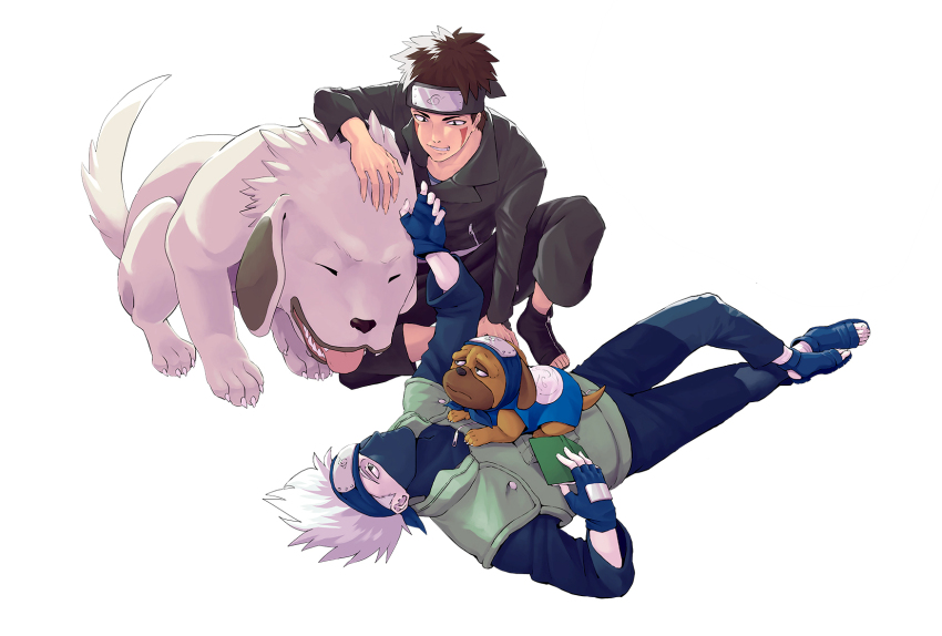 2boys akamaru_(naruto) black_footwear blue_footwear blue_gloves blue_pants book brown_hair closed_eyes dog dot facial_mark fingerless_gloves gloves hatake_kakashi headband highres holding holding_book inuzuka_kiba jacket lying male_focus mask mouth_mask multiple_boys naruto_(classic) naruto_(series) ninja_mask ochama_pochama on_back one_eye_covered pakkun_(naruto) pants short_hair simple_background toeless_footwear tongue tongue_out vest white_background white_fur white_hair