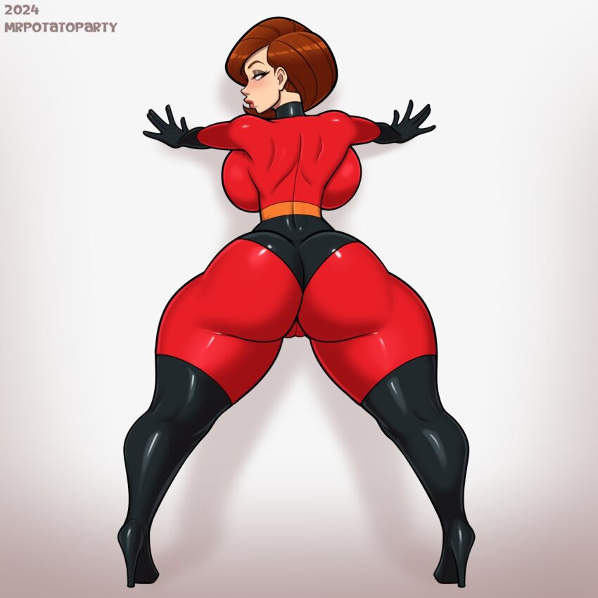 1girl artist_name ass bodysuit boots breasts brown_eyes brown_hair helen_parr high_heel_boots high_heels highres huge_ass huge_breasts mature_female medium_hair mrpotatoparty skin_tight superhero_costume the_incredibles thigh_boots thighs