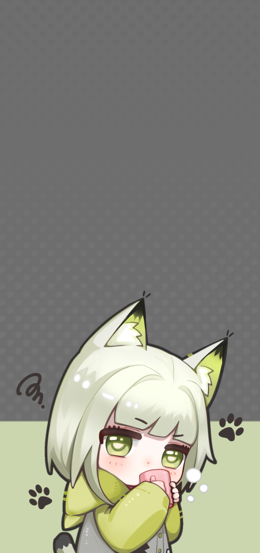 1girl animal_ear_fluff animal_ears arknights blush chibi commentary_request cup green_background green_eyes grey_background grey_hair grey_jacket hairtail highres holding holding_cup hood hood_down hooded_jacket jacket kal&#039;tsit_(arknights) long_sleeves looking_at_viewer mug polka_dot polka_dot_background puffy_long_sleeves puffy_sleeves sleeves_past_wrists solo squiggle tail two-tone_background upper_body