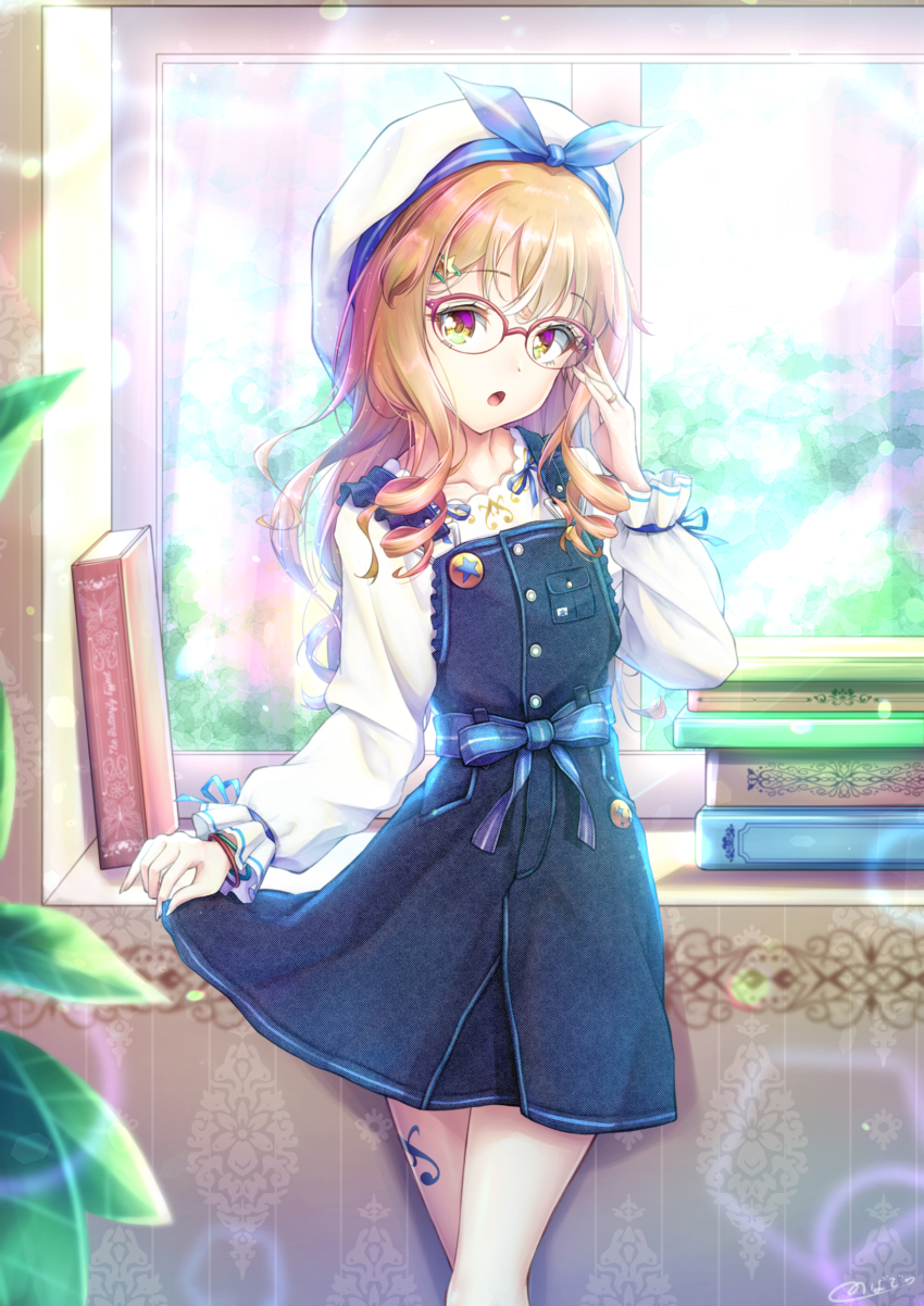 1boy adjusting_eyewear blonde_hair book bracelet buttons curtsey drill_hair drill_sidelocks frilled_sleeves frills glasses hair_ornament hairclip hat highres indoors jewelry leg_tattoo looking_at_viewer male_focus natsusora_wakana novady open_mouth original overall_skirt ribbon ring sidelocks skirt_hold solo standing tattoo trap window yellow_eyes