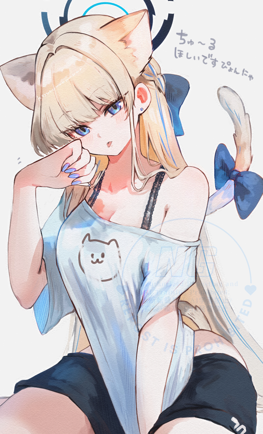 1girl absurdres alternate_costume animal_ear_fluff animal_ears black_shorts blonde_hair blue_archive blue_bow blue_eyes blue_nails bow braid cat_ears cat_girl cat_tail extra_ears highres koyuuuuuuuuuuu long_hair looking_at_viewer official_alternate_hairstyle paw_pose shirt shorts single_bare_shoulder solo tail tail_bow tail_ornament toki_(blue_archive) tongue tongue_out white_shirt