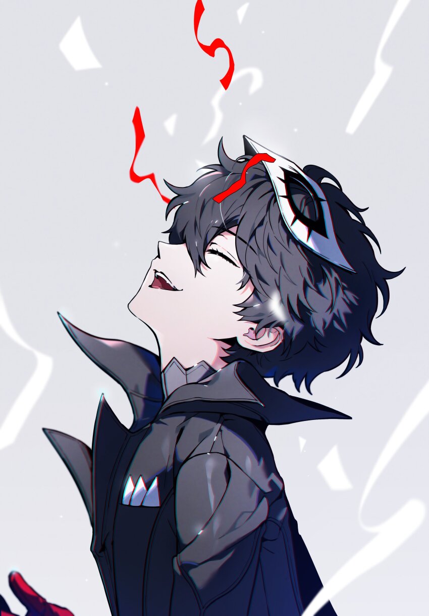 1boy absurdres amamiya_ren black_coat black_hair closed_eyes coat collared_coat from_side gloves grey_background hair_between_eyes head_back highres joker_(persona_5) laughing male_focus mask mask_on_head open_mouth persona persona_5 short_hair sideways_mouth solo teeth themoonrabbit upper_teeth_only