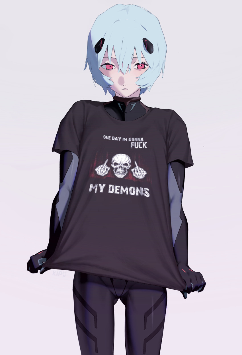 1girl absurdres ayanami_rei black_bodysuit black_shirt blue_hair bodysuit clothes_writing commentary cowboy_shot crossed_bangs english_text gluteal_fold grey_background hair_between_eyes highres interface_headset_(evangelion) kips looking_at_viewer mecha_pilot_suit middle_finger neon_genesis_evangelion panties parted_lips pink_eyes plugsuit_(evangelion) profanity rebuild_of_evangelion shirt shirt_hold short_hair short_sleeves simple_background skeletal_hand skull solo symbol-only_commentary t-shirt underwear