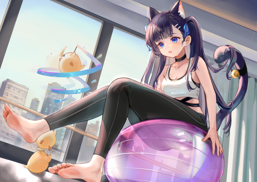 1girl animal_ears azur_lane ball bare_arms bare_shoulders barefoot bird black_choker black_hair black_pants blue_eyes blunt_bangs breasts cat_ears cat_girl cat_tail chick choker crop_top exercise_ball extra_ears hair_ornament hair_ribbon hairclip hatsuharu_(azur_lane) highres looking_ahead manjuu_(azur_lane) midriff open_mouth pants rero_(bigdoorbig2) ribbon shirt sleeveless sleeveless_shirt small_breasts solo sports_bra sweat tail track_pants two_side_up white_shirt