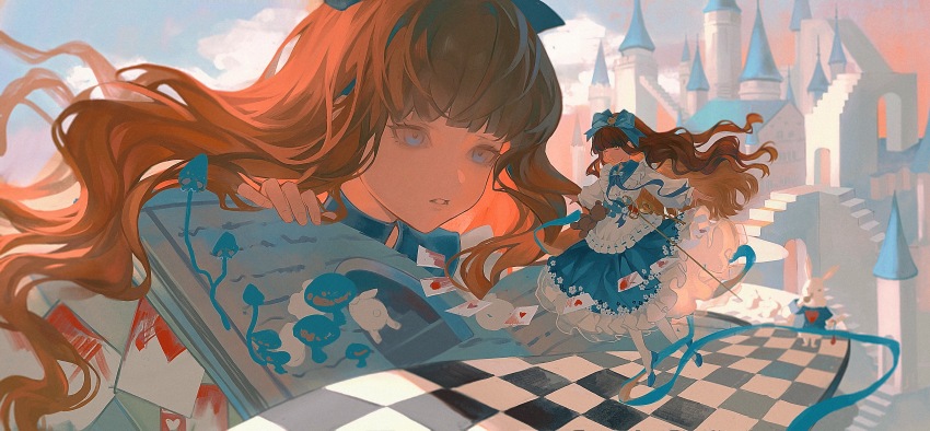 2girls absurdres baby_blue blue_bow blue_dress blue_footwear blue_sky blunt_bangs book bow card castle checkered_floor clone closed_eyes closed_mouth cloud curly_hair dress frilled_dress frills hair_bow heart highres long_dress long_hair looking_at_another mini_person minigirl multiple_girls open_book orange_hair pantyhose parted_lips playing_card rabbit reverse:1999 sky stairs stuffed_animal stuffed_toy teddy_bear white_dress white_pantyhose yaqing