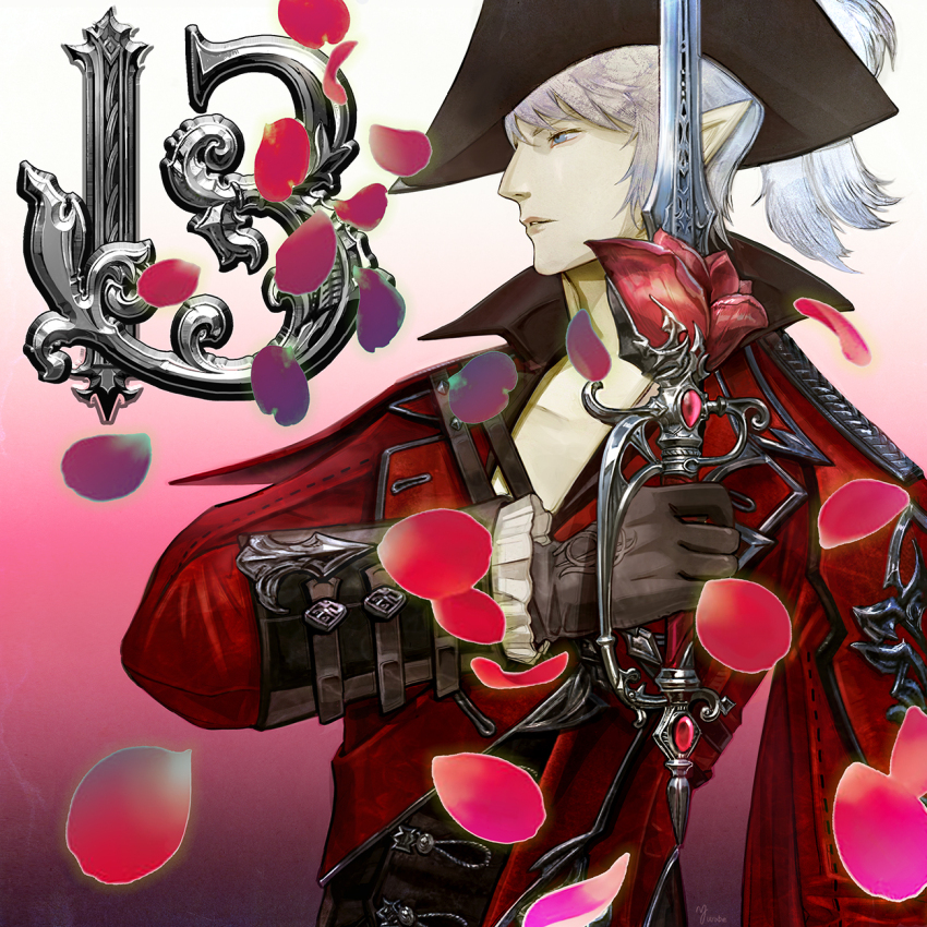 1boy bicorne blue_eyes brown_gloves elezen elf final_fantasy final_fantasy_xiv from_side gloves grey_hair hat hat_feather highres holding holding_sword holding_weapon jacket long_sleeves male_focus petals pointy_ears rapier red_jacket red_mage_(final_fantasy) short_hair smile solo sword upper_body warrior_of_light_(ff14) weapon