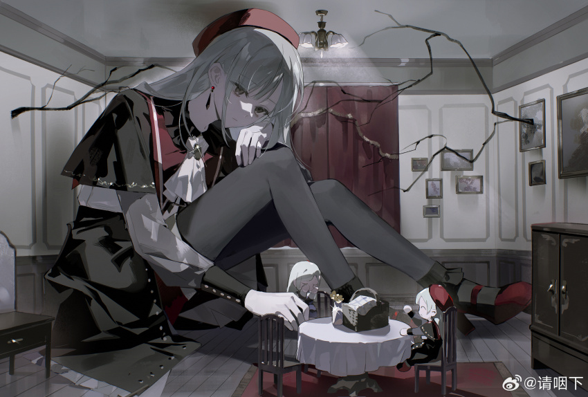 1girl ascot bang_dream! bang_dream!_it&#039;s_mygo!!!!! beret black_capelet black_pantyhose black_skirt capelet chair chandelier closed_mouth commentary_request doll_house earrings glint green_hair hat highres indoors jewelry long_hair long_sleeves mortis_(bang_dream!) mortis_(costume)_(bang_dream!) painting_(object) pantyhose pantyhose_under_shorts qing_yan_xia red_footwear red_hat red_shorts shorts sidelocks skirt solo table wakaba_mutsumi watermark weibo_watermark white_ascot yellow_eyes