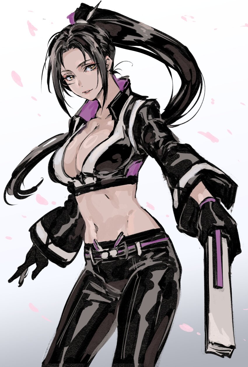 1girl bad_tag black_gloves black_jacket black_pants breasts brown_eyes center_opening cleavage collared_jacket commentary_request contrapposto cropped_jacket crossover falling_petals fatal_fury fatal_fury:_city_of_the_wolves feet_out_of_frame female_focus folded_fan folding_fan gloves groin hand_fan highres holding holding_fan jacket kin_mokusei large_breasts long_hair long_sleeves looking_to_the_side midriff navel outstretched_arm pants parted_lips petals ponytail popped_collar shiny_clothes shiranui_mai sideways_glance simple_background smile snk solo standing street_fighter street_fighter_6 the_king_of_fighters two-sided_fabric white_background wide_sleeves