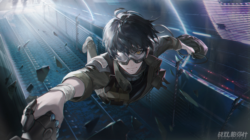 1boy bag bandages black_hair copyright_name game_cg goggles hanging_on highres holding holding_bag holding_hands lee_(pgr) looking_at_viewer mechanical_hands noan_(pgr) official_art punishing:_gray_raven railroad_tracks smile yellow_eyes