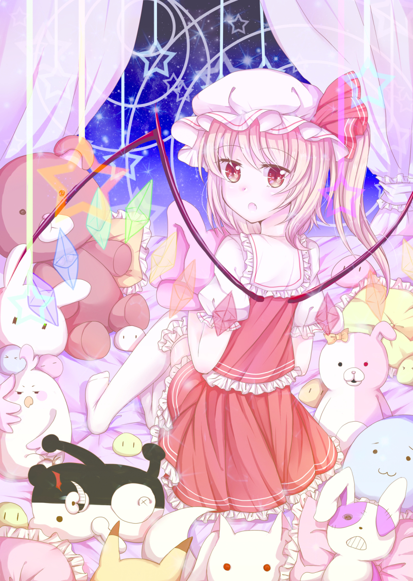 1girl annotation_request character_request chinese_commentary clannad commentary_request curtains danganronpa:_trigger_happy_havoc danganronpa_(series) danganronpa_2:_goodbye_despair dango_daikazoku dera_mochimazzui fang flandre_scarlet frilled_pillow frilled_shirt_collar frilled_skirt frilled_sleeves frilled_vest frills from_behind full_body gen_1_pokemon hat highres indoors kyubey looking_at_viewer looking_back mahou_shoujo_madoka_magica mob_cap monokuma monomi_(danganronpa) multicolored_wings nintendo no_shoes open_mouth pikachu pillow pokemon puffy_short_sleeves puffy_sleeves red_skirt red_vest shirt short_sleeves skirt skirt_set star_(symbol) stuffed_animal stuffed_toy tamako_market teddy_bear thighhighs touhou vest white_headwear white_shirt white_thighhighs window wings yuxuekeith