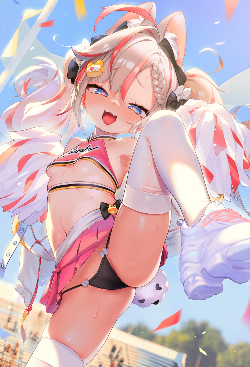 1girl ahoge animal_ear_fluff animal_ears armpits arms_up ass black_panties blue_eyes blush braid breasts cameltoe cheerleader confetti crop_top fang heart heart_in_eye henreader highres leg_lift leg_up legs long_hair looking_at_viewer microskirt multicolored_hair naughty_face navel open_mouth original outdoors panties pink_shirt pink_skirt pleated_skirt pom_pom_(cheerleading) rabbit_ears rabbit_girl rabbit_tail red_hair shirt shoes skirt sleeveless sleeveless_shirt small_breasts smile solo spread_legs standing standing_on_one_leg stomach streaked_hair symbol_in_eye tail thighhighs thighs twintails two-tone_hair underboob underwear white_hair white_shoes white_thighhighs