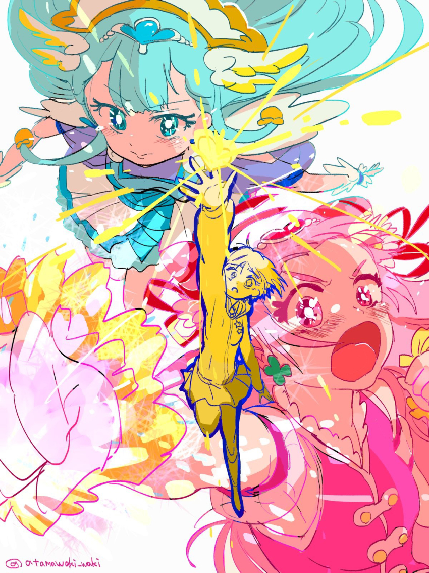 3girls arm_up atari_(atamawaki_waki) bare_legs bare_shoulders beads blonde_hair blue_eyes blue_hair blue_wrist_cuffs blush bright_pupils circlet clenched_hands closed_mouth clover_earrings commentary_request cone_hair_bun cropped_legs crying crying_with_eyes_open cure_ange cure_yell detached_sleeves determined double_bun dress floating_clothes floating_hair four-leaf_clover_earrings frilled_dress frilled_shirt frilled_wrist_cuffs frills full_body glowing hair_beads hair_bun hair_ornament hair_ribbon hairband heart heart_hair_ornament highres hood hood_down hooded_jacket hugtto!_precure jacket kagayaki_homare kneehighs knees leaning_forward long_hair long_sleeves looking_at_object looking_at_viewer magic magical_girl makeup mascara medium_dress miniskirt multiple_girls nono_hana open_mouth outstretched_arm pink_eyes pink_hair pink_shirt pink_sleeves pleated_skirt poster_(medium) precure puffy_short_sleeves puffy_sleeves punching reaching red_ribbon ribbon shirt shoes short_hair short_sleeves skirt sleeveless sleeveless_shirt sneakers socks tareme teardrop tears twitter_username upper_body very_long_hair white_background white_dress white_hairband white_pupils wing_hair_ornament worried wrist_cuffs yakushiji_saaya yellow_eyes yellow_jacket yellow_shoes yellow_skirt yellow_socks yellow_wrist_cuffs