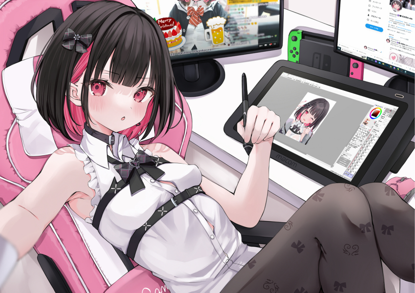 black_pantyhose chair drawing_tablet fangs gaming_chair highres pantyhose rikotan rikotan_(vtuber) swivel_chair tagme virtual_youtuber wings