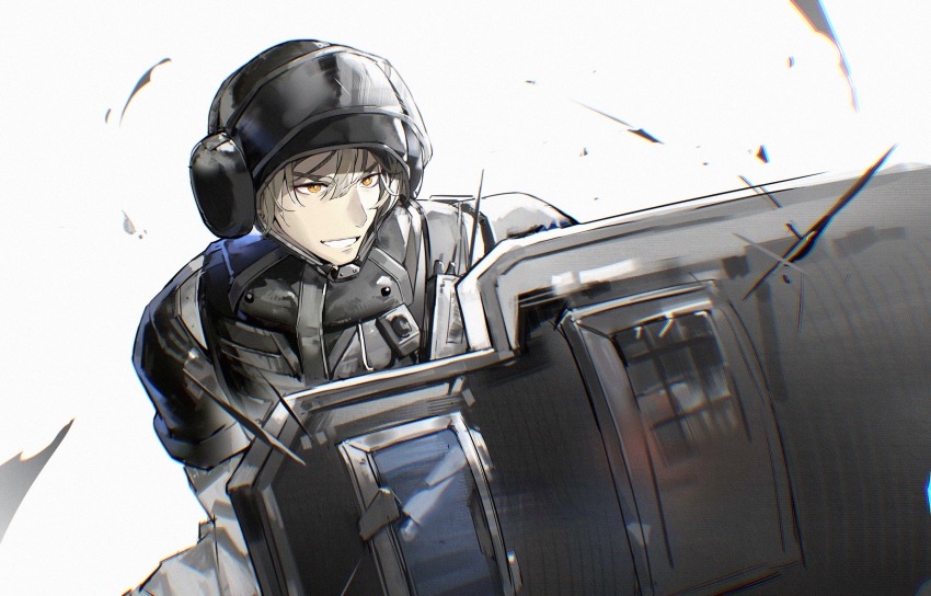 1boy arknights ballistic_face_shield ballistic_helmet ballistic_shield blitz_(rainbow_six_siege) crossover dadijiji dazzler_(weapon) electroshock_weapon flash_shield g52-tactical_shield grin helmet highres less-than-lethal_weapon long_sleeves police police_uniform rainbow_six_siege shield simple_background smile solo stun_shield teeth vest visor visor_(armor) white_background white_hair yellow_eyes